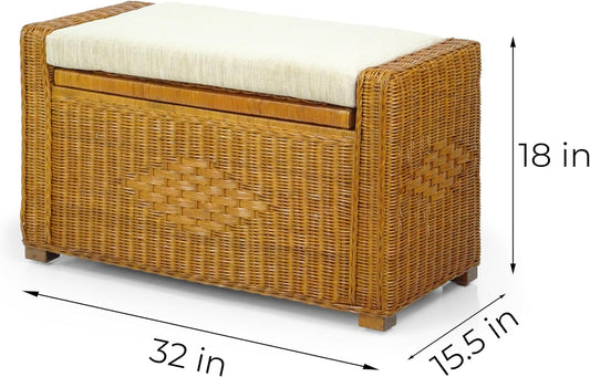 Bruno Handmade 32 Inch Rattan Wicker Chest Storage Trunk Organizer Ottoman W/Cushion Colonial