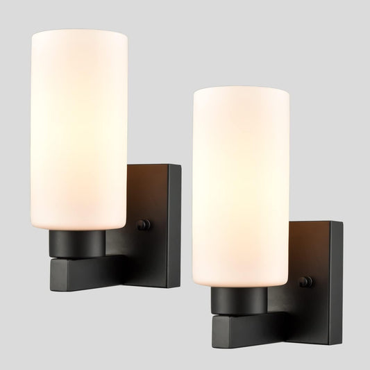 Bathroom Sconces Modern Black Wall Light Fixture Vanity Light Set of Two with Milky White Cylinder Glass Shade