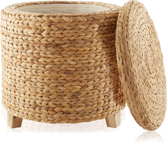 Casafield 17" Round Storage Ottoman with Lid - Natural, Handwoven Water Hyacinth Footstool for Living Room, Bedroom, Bathroom, Home Office